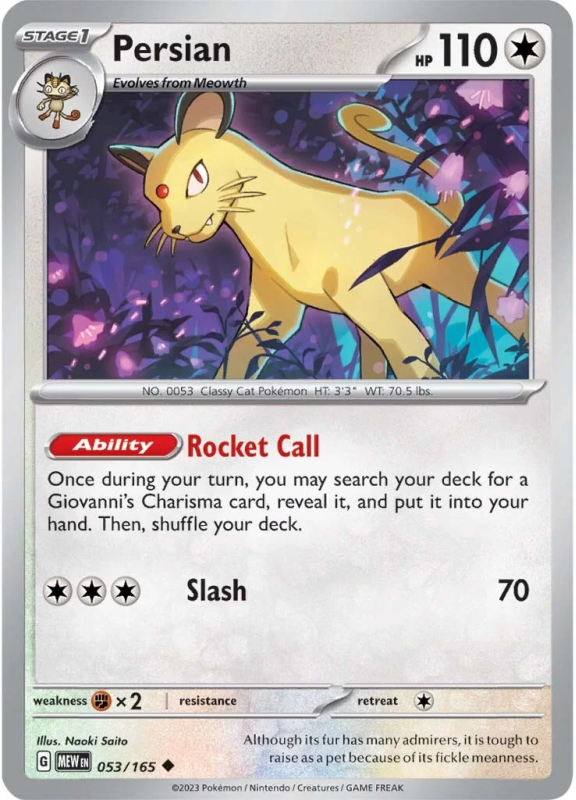 POKEMON SCARLET AND VIOLET 151 PERSIAN 53/165 SINGLE CARD